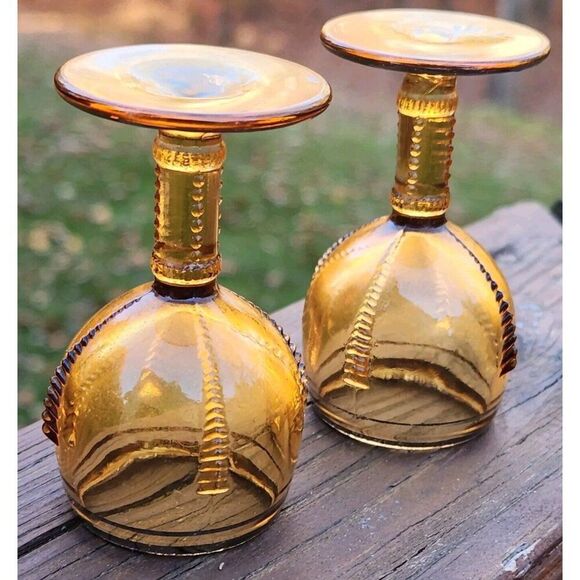 Pair New Martinsville Glass Company Amber 1 oz Mini Cordial Goblet Platinum Trim - Picture 2 of 4